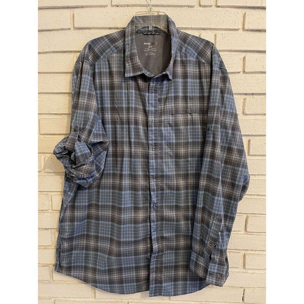 Swisstech Shirt Mens 3XL(54-56) Snap Front Plaid Casual Roll Tab Shirt Blue Gray